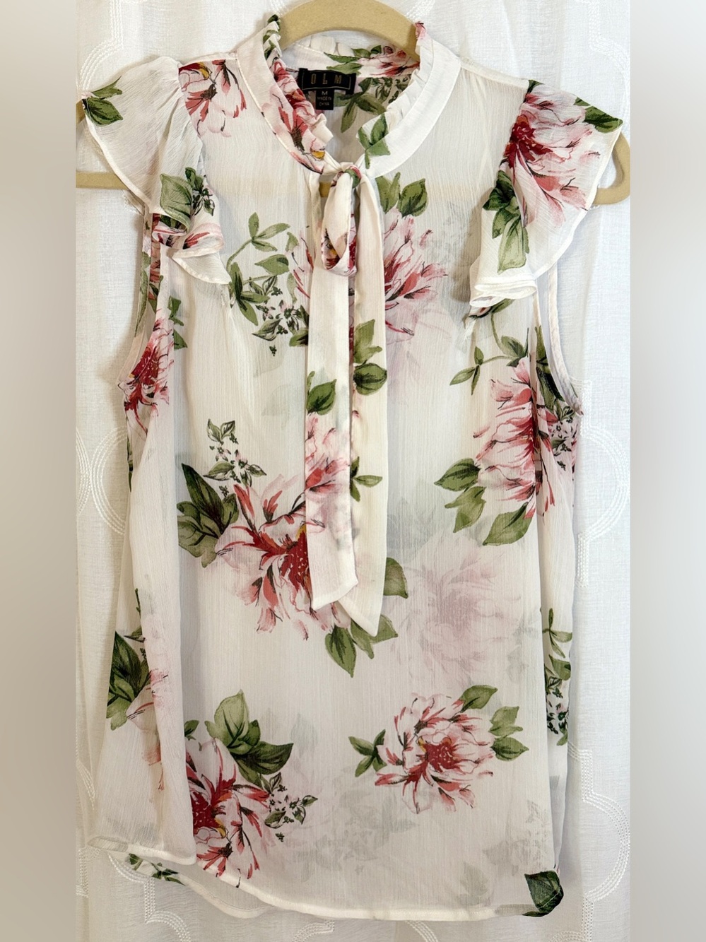 OLM White Floral Ruffle Sleeve Blouse Size Medium Sheer Lightweight Feminine Top